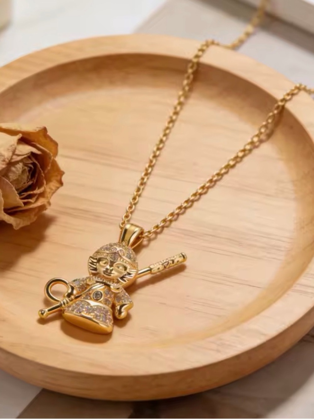 18K Gold Monkey King w/ Staff Micro Pave Diamond Inlay Necklace Mythology Legend - Picture 9 of 13